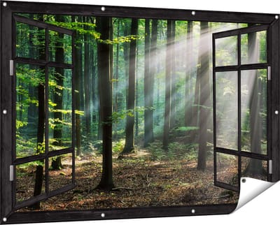 Gards Tuinposter Doorkijk Bos met Zon tussen de Bomen - 150x100 cm - Tuindoek - Tuindecoratie - Wanddecoratie buiten - Tuinschilderij