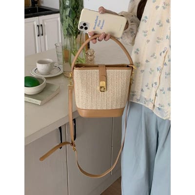 Koreaanse Ins Casual Geweven Stro Geweven Tas Dames Nieuwe Vakantiestijl Modieuze Handtas Crossbody Tas Emmer Tas gray