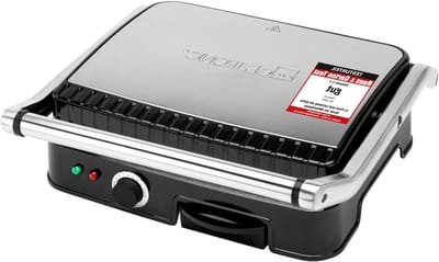Contact Grill - Panini Maker Dubbelzijdig Grillen - Snel Eten Bereiden - Vetvrije Grillplaten - 29.5 x 23.5 cm - Zilver