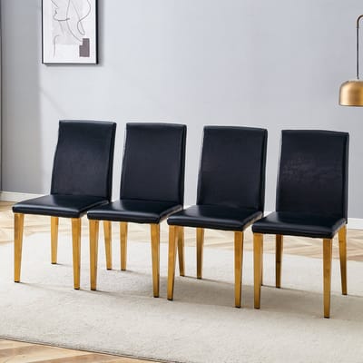 [Set van 4 minimalistische eetkamerstoelen] Lichtgewicht luxe in Europees design in zwart en goud: zwart PU-leer + glanzende gouden metalen poten, perfect voor moderne eetkamers, woonkamers en meer.