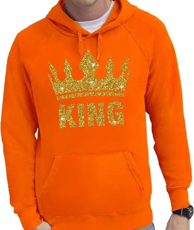 Oranje King gouden glitter kroon hoodie / hooded sweater heren - Oranje Koningsdag/ supporter kleding S