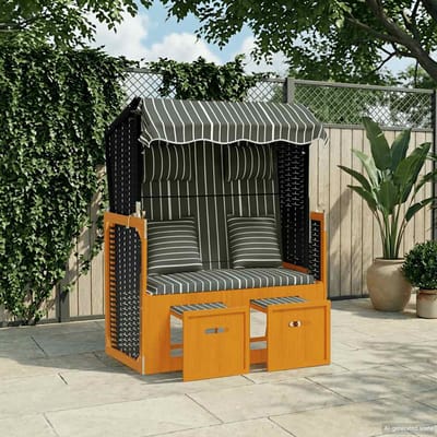 vidaXL - Strandstoel - met - kussens - poly - rattan - en - hout - zwart - en - grijs