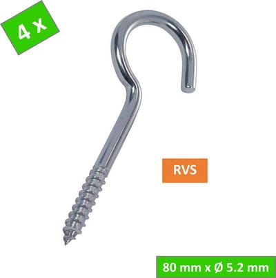 TQ4U Schroefhaak - Waslijnhaak - RVS - 80 mm - Ø 5.2 mm - 4 stuks