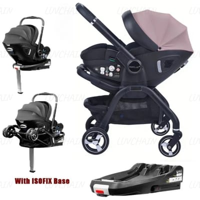LUVCHAIN High-view kinderwagen 4-in-1 met ISOFIX basis, multifunctionele kinderwagen met autostoelmodus en wiegmodus voor pasgeborenen blauw