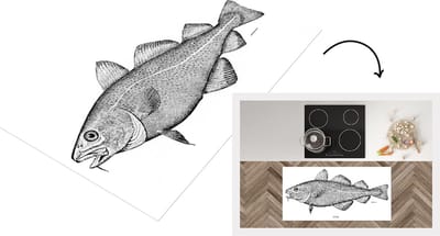 Keukenloper - Loper keuken - Zwart-wit illustratie van een vis - 120x60 cm - Keukenloper vinyl
