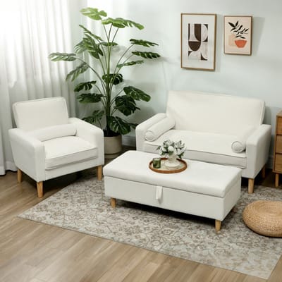 MODFU 2-Zitsbank - Schuimvulling Met S-Veren - Getuft - Modern - Voor Woonkamer Of Slaapkamer - Polyester - Crèmewit - 130 X 74,5 X 82 Cm