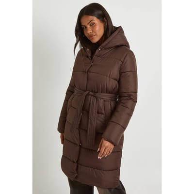 boohoo Dames Lange pufferjas met ceintuur | Chocolate | Maat: 8