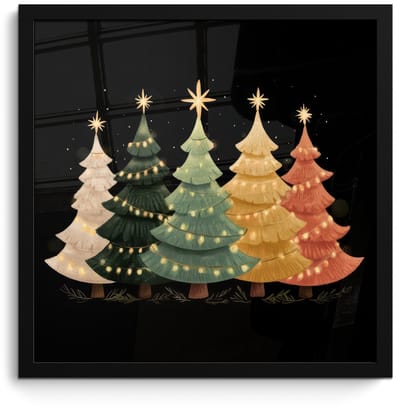 Poster in lijst - Fotolijst 40x40 cm - Posters - Kerstbomen - Kleurrijk - Lichtjes - Ster - Posterlijst zwart - Decoratie - Wanddecoratie woonkamer - Muurdecoratie slaapkamer - Kerstversiering - Kerstdecoratie voor binnen - Kerstmis