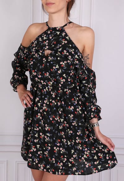 Zwarte Bloemenjurk met Open Rug