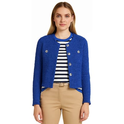 Boucléjasje met glansgaren en franjezoom - blauw - Gr. 42 van Goldner Fashion