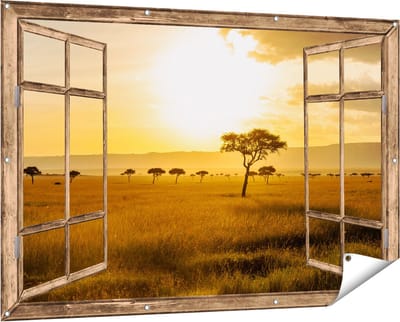 Gards Tuinposter Doorkijk Zonsondergang in de Savanne - 150x100 cm - Tuindoek - Tuindecoratie - Wanddecoratie buiten - Tuinschilderij