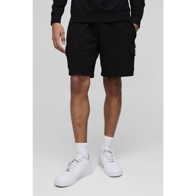 Lightweight Essential MAN. Relaxed Mid Length Label Cargo Shorts | Black | Size XS