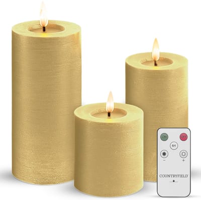 Countryfield LED Kaarsen Met Afstandsbediening - Echte Wax - Elektrische Kaarsen - Op Batterijen - Bewegende vlam - Dimbaar en Timer Functie - Set van 3 - Stompkaarsen - Goud