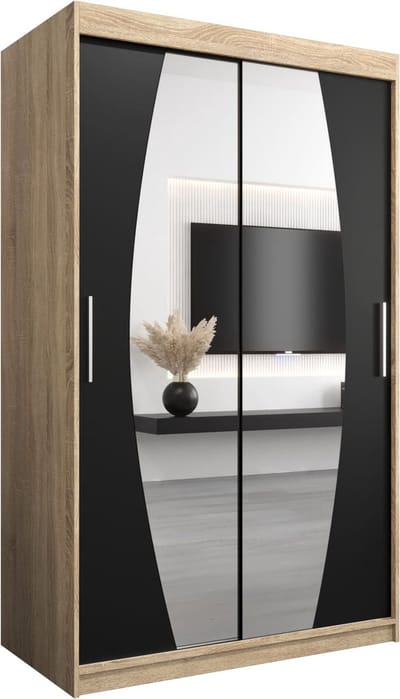 InspireMe - Kledingkast met 2 schuifdeuren, Modern-stijl, Een kledingkast met planken en een spiegel (BxHxD): 120x200x62 - GLOBE 120 Sonoma Eik + Zwart Mat