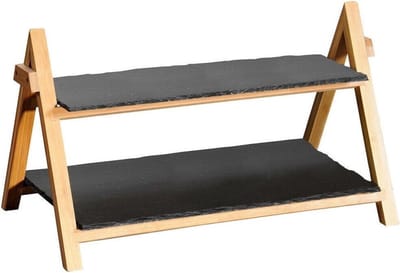 Kesper Etagere 2-laags - van bamboe / leisteen - 24 x 43 x 27 cm - High Tea serveerplateau - Tapas kaasplankje/borrelplankje
