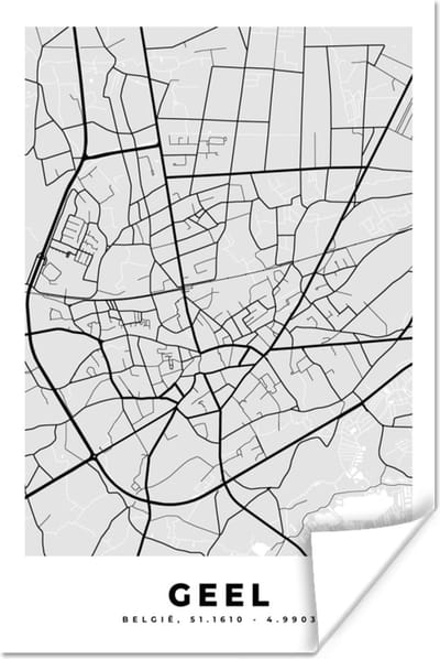 Poster België – Geel – Stadskaart – Kaart – Zwart Wit – Plattegrond - 120x180 cm XXL