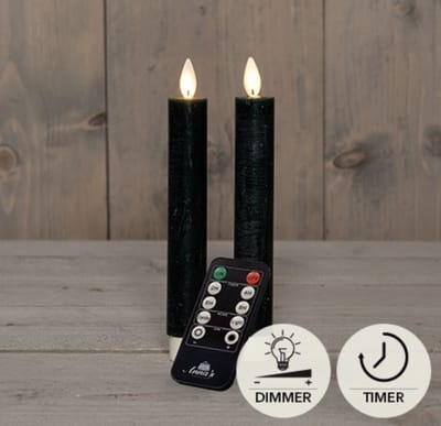 LED kaarsen met bewegende vlam 2x - 18cm klein - Donkergroen - Dark Green - Afstandsbediening - Timer - Dimmer - Dinerkaars rustiek wax - LED kaars batterij