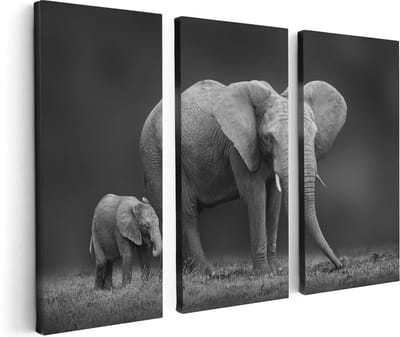 Artaza Canvas Schilderij Drieluik Olifant Moeder En Zoon - Zwart Wit - 120x80 - Foto Op Canvas - Canvas Print