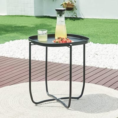 Bijzettafel buiten met dienblad - moderne balkontafel 53x46x46 cm zwart metaal