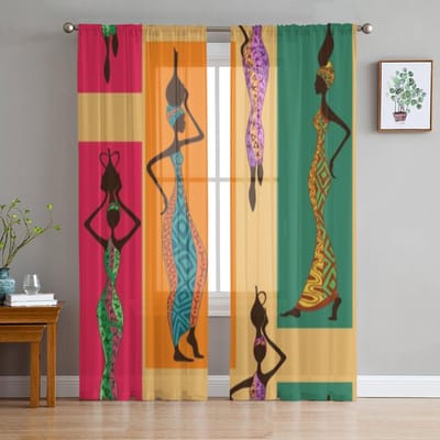 Mooie Afrikaanse Vrouwen Met Vazen Chiffon Transparante Gordijnen voor Woonkamer Slaapkamer Decoratie Raam Voiles Tule Gordijn 135W x 114H(cm) orange