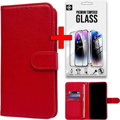 Casemania Hoesje & Glas Geschikt voor Apple iPhone 16e - Rood - Portemonnee Book Case - Glazen Screenprotector