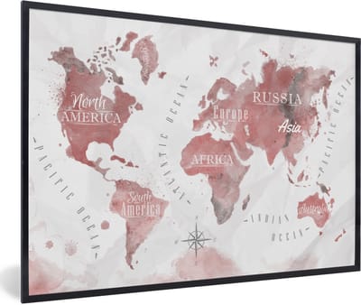 Poster in lijst - Fotolijst 120x80 cm - Posters - Wereldkaart - Verf - Roze - Posterlijst zwart - Decoratie - Wanddecoratie woonkamer - Muurdecoratie slaapkamer