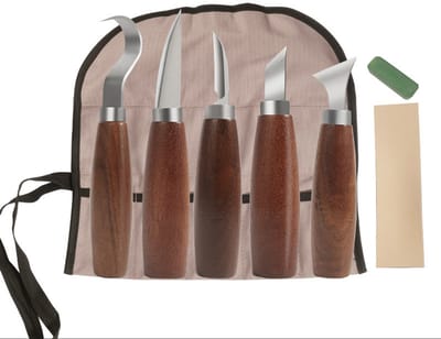 Professionele Houtsnijset 5-delig - Houtgutsen met Carbonstaal Bladen en Walnoten Handvatten voor Figurensnijden en Meubelrestauratie (34-40g, Incl. Slijpaccessoires)