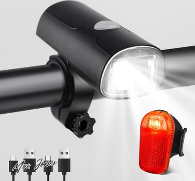 Mrs. Jones Fietsverlichting led USB-oplaadbaar waterdicht IPX5 voor en achter 1050 mAh MTB-verlichting voor mannen en vrouwen met zoekwoord toegevoegd: fietsveiligheid .