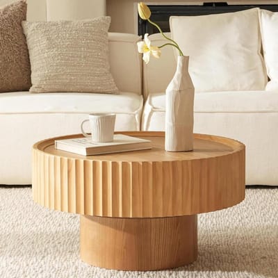 Ronde Salontafel - Bijzettafel Paddenstoel - Woonkamer Decoratie - Geribbeld Paddenstoel Design - 70 x 38 cm - Natuurhoutkleur