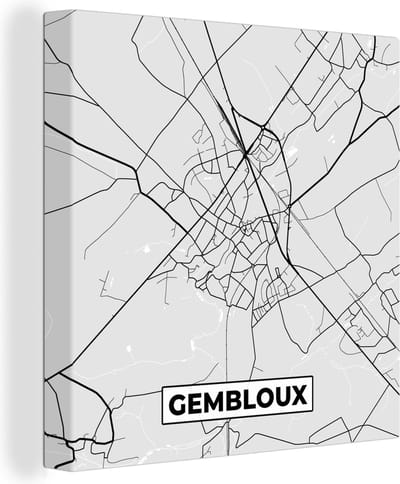 Canvas Schilderij Zwart Wit – België – Plattegrond – Stadskaart – Kaart – Gembloux - 20x20 cm - Wanddecoratie