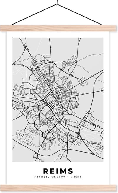 Posterhanger incl. Poster 40x60 cm - Schoolplaat - Frankrijk - Reims - Stadskaart - Plattegrond - Kaart - Textielposter - Blanke latten - Stadskaart