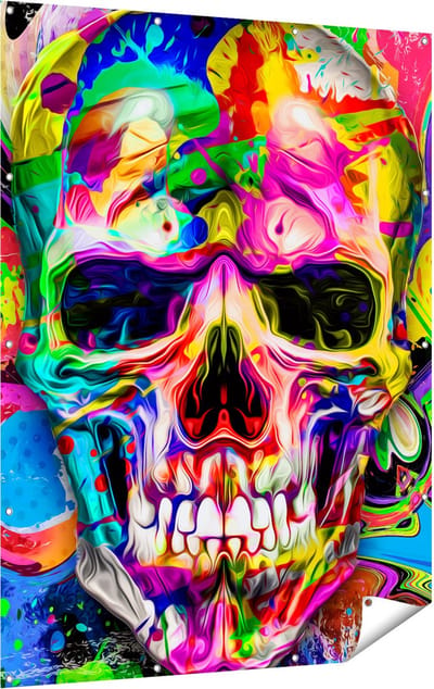 Gards Tuinposter Gekleurde Schedel - Doodskop - Doodshoofd - 120x160 cm - Tuindoek - Tuindecoratie - Wanddecoratie buiten - Tuinschilderij