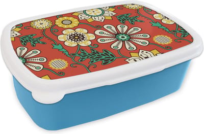Broodtrommel Blauw - Lunchbox Design - Bloemen - Hippie - Retro - Brooddoos 18x12x6 cm - Brood lunch box - Broodtrommels voor kinderen en volwassenen