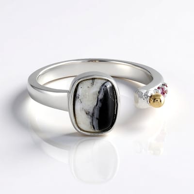 Cavill - 925 Sterling Zilver Ring - 14K Goud Granulering - 1 054 ct Witte Buffalo Dolomiet - 1 131 ct Rhodoliet Granaten - Elegant