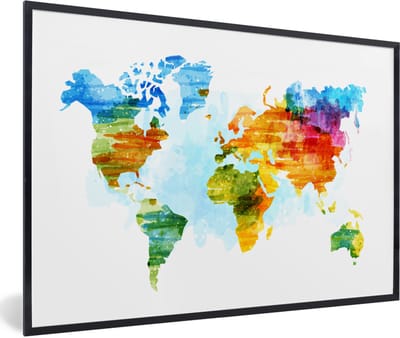Poster in lijst - Fotolijst 120x80 cm - Posters - Wereldkaart - Waterverf - Regenboog - Kinderen - Jongens - Meisjes - Posterlijst zwart - Decoratie - Wanddecoratie woonkamer - Muurdecoratie slaapkamer