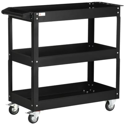 Werkplaatswagen van Staal met 3 Planken op Wielen met Handgreep - Max. Belasting 150 kg - 83 x 35,3 x 76 cm - Zwart