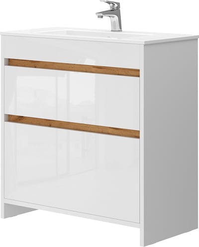 Vicco Detmold Badkamermeubelset – 2 delen, onderkast 80 cm Wit hoogglans/goud power eiken