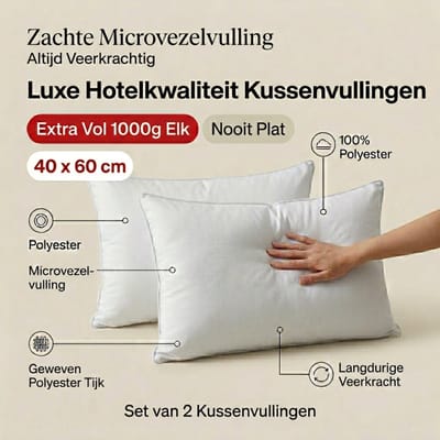 Set van 2 | BINNENKUSSEN - 40x60 cm | 1000 gram/stuk | Kussenvulling | 100% Polyester | Vulling - Microvezel