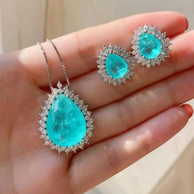 Romantische Sterling Zilver 925 Sterling Zilver Paraiba Toermalijn Smaragdsteen Hanger Ketting Lab Zirkoon Ketting Dames Hoge Sieraden Cadeau 45cm blue