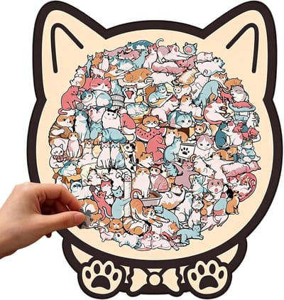 Kattenpuzzel Houten - Dierenpuzzel Interactief - Ontspannen Moment - Uniek Katvormig - 135 Stukjes - Morandi Kleuren