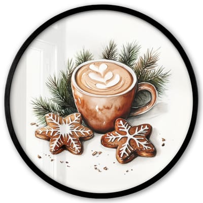Poster in lijst Rond - Fotolijst 40x40 cm - Posters - Koffie - Koek - Winter - Art - Kerst - Ronde posterlijst zwart - Decoratie - Wanddecoratie woonkamer - Muurdecoratie slaapkamer - Kerstversiering - Kerstdecoratie voor binnen - Kerstmis