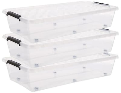5Five opberg kist met deksel - 3x - Clip Box - 35 liter - 76 x 39 x 16 cm - kunststof - transparant - met wielen