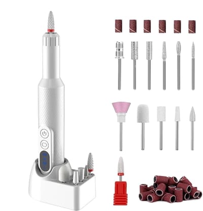 longziming -Draadloze Elektrische Nagelvijl Wit – 18.000 RPM Manicure Set met 12 Boorkoppen – 130×23×23 mm