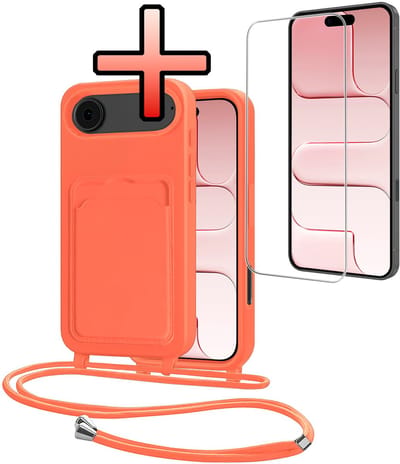 Hoes Geschikt voor iPhone Air Hoesje Pasjeshouder Cover Met Koord Case Siliconen Hoes Met Telefoonkoord en Kaarthouder Met Screenprotector - Papaya