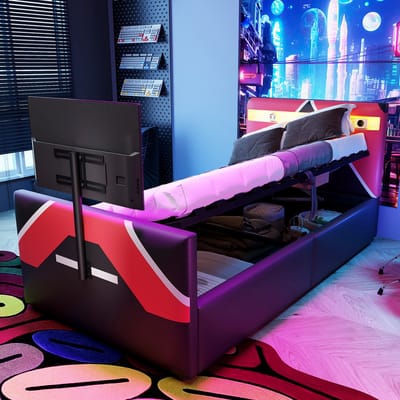 Kinderbed 90 x 200 cm – in esports-stijl – met PU-leren bekleding – blokkleurig ontwerp – LED-verlichting met kleurwisseling – hydraulische opbergruimte en geïntegreerde tv-beugel – multifunctioneel speelbed – zwart-rood