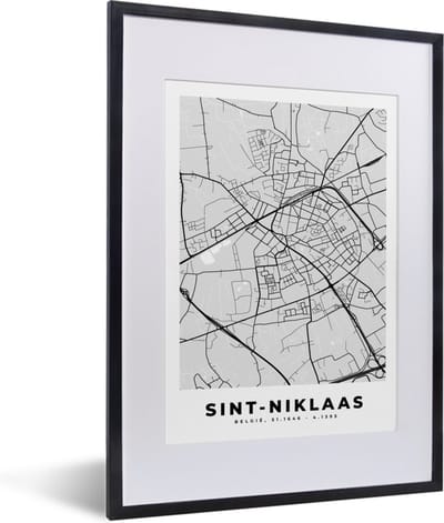 Fotolijst incl. Poster Zwart Wit- Stadskaart – Plattegrond – België – Zwart Wit – Sint Niklaas – Kaart - 30x40 cm - Posterlijst
