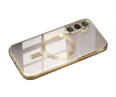 Transparant goudkleurig telefoon hoesje met metallic randen – geschikt voor Samsung A34 MagSafe – luxe backcover met MagSafe ring en camera bescherming