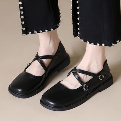 Mocassins Femme Double Boucle Chaussures Oxford Femme Mary Jane à Lacets Chaussures Fille Bout Rond Cuir Chaussures Décontractées Printemps Automne 9713c 36 noir