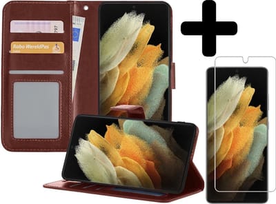 Hoesje - Met Screenprotector - Geschikt voor Samsung Galaxy S21 Ultra - Luxe Pasjeshouder - Bookcase Portemonee - Flip Case - Kunstleer Book Case - Flipcase - Book Cover - Walletcase - Portemonneehoes - Telefoonhoesjes - Bruin
