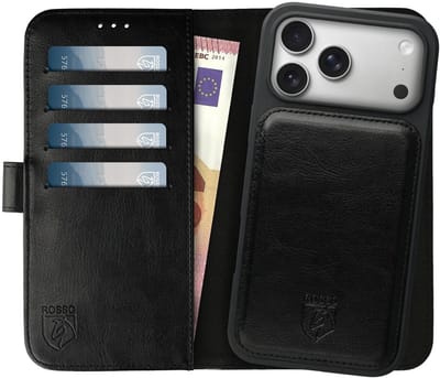 Rosso Element Geschikt voor Apple iPhone 17 Pro Max | Uitneembaar 2-in-1 Hoesje | Luxe Portemonnee | Back Cover en Book Case | Pasjeshouder | Zwart